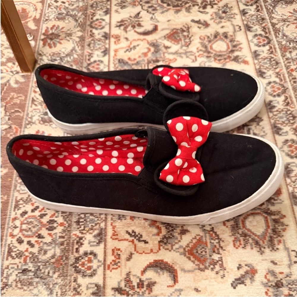 Disney Black Slip-On Sneakers with Red Polka Dot Bows - Picture 2 of 3